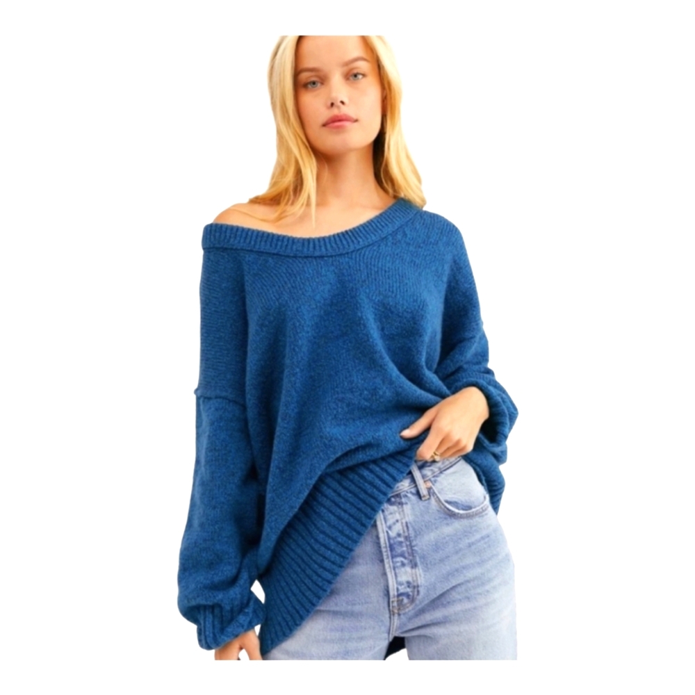 NWT Free People Brookside Oversized Tunic Sweater In Blue Size Medium